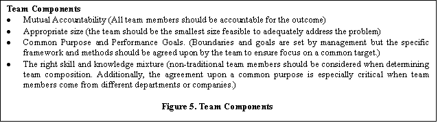 Text Box: Team Components�Mutual Accountability (All team members should be accountable for the outcome)�Appropriate size (the team should be the smallest size feasible to adequately address the problem)�Common Purpose and Performance Goals. (Boundaries and goals are set by management but the specific framework and methods should be agreed upon by the team to ensure focus on a common target.)�The right skill and knowledge mixture (non-traditional team members should be considered when determining team composition. Additionally, the agreement upon a common purpose is especially critical when team members come from different departments or companies.)Figure 5. Team Components